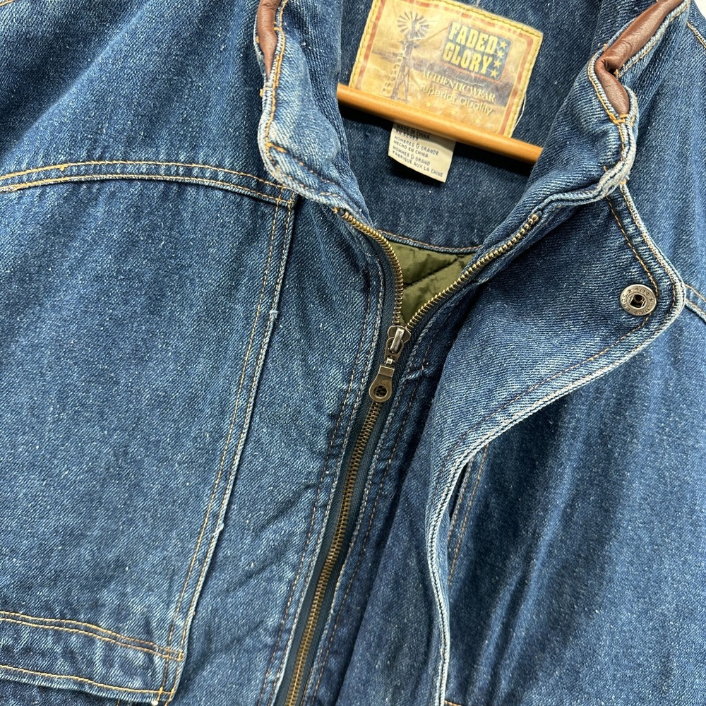 Vintage Faded Glory Denim Chore‎ Coat Men's Large Thermal Lined Leather Collar - Picture 7 of 16